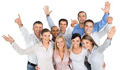 Grupo de personas profesionales celebrando con brazos levantados